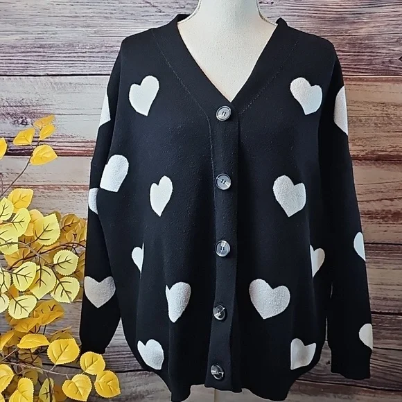 SHEIN BLACK WHITE HEART LONG SLEEVE BUTTON-UP SWEATER CARDIGAN - Picture 3 of 11